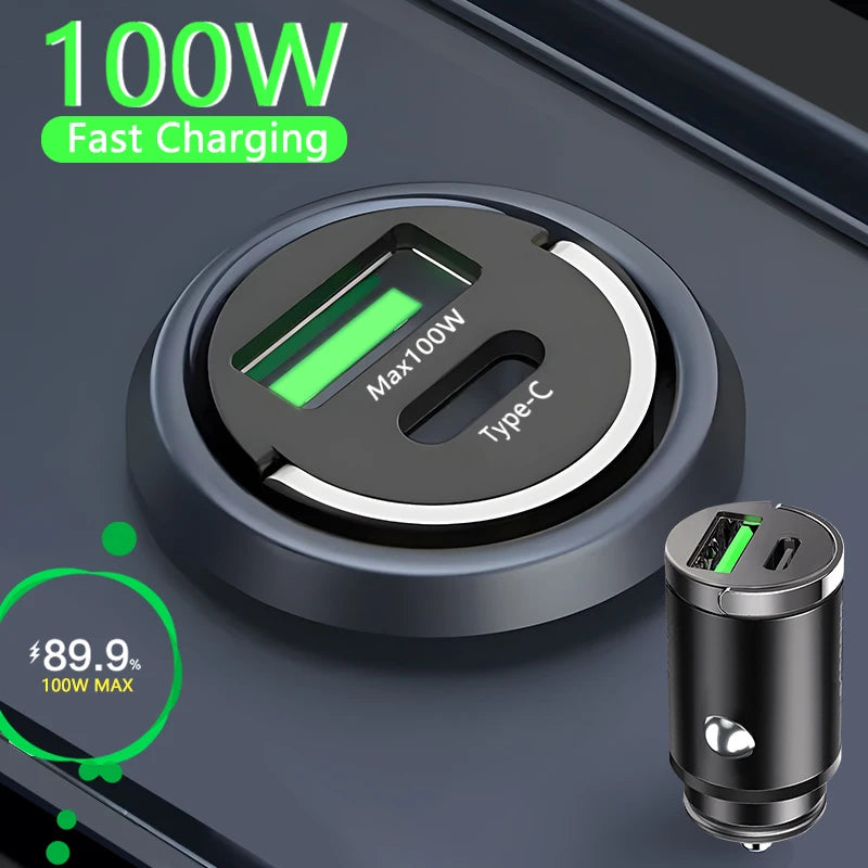 Mini Car Charger 100W Lighter Fast Charging for iPhone QC3.0 Mini PD USB Type C Car Phone Charger for Xiaomi Samsung Huawei