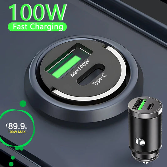 Mini Car Charger 100W Lighter Fast Charging for iPhone QC3.0 Mini PD USB Type C Car Phone Charger for Xiaomi Samsung Huawei