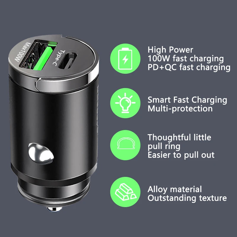 Mini Car Charger 100W Lighter Fast Charging for iPhone QC3.0 Mini PD USB Type C Car Phone Charger for Xiaomi Samsung Huawei